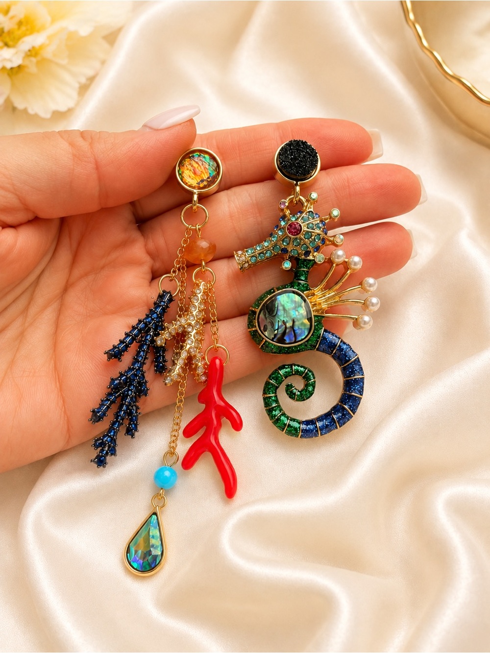 Seahorse Coral Statement Earrings Coastal Mermaid Boho Glam